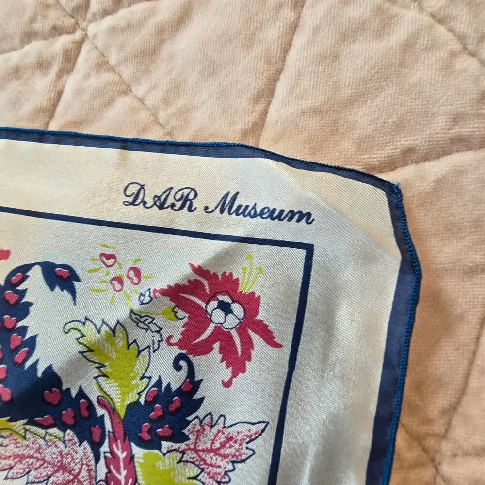 Vintage 80s June Critchfield Silk Rectangle Scarf Floral Navy Pink DAR Museum